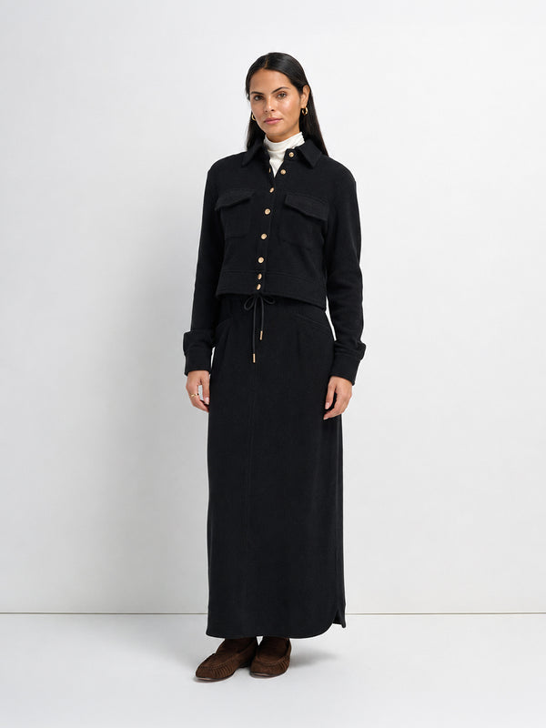 Soft Ribbed Drawstring Maxi Skirt - Black