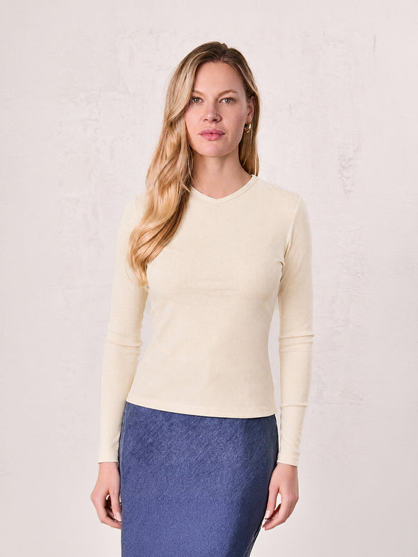Soft Ribbed High V Tee-Cream