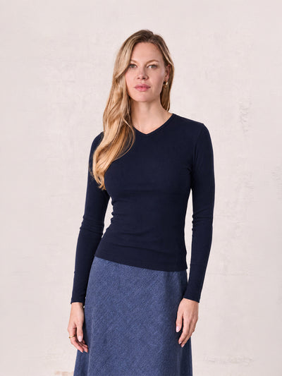 Soft Ribbed High V Tee-Dark Navy