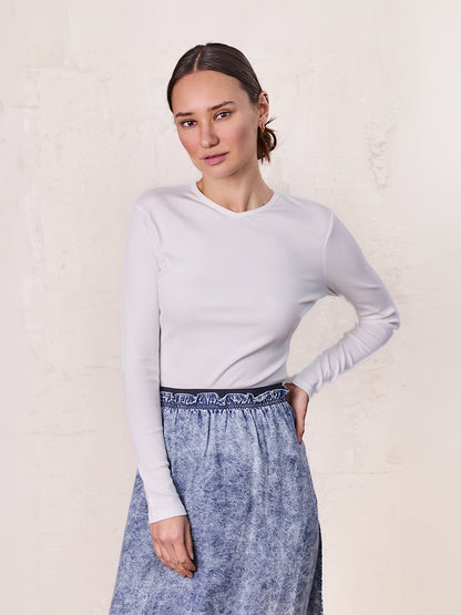 Soft Ribbed High V Tee-White
