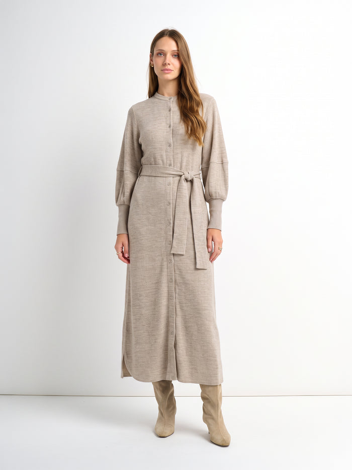 Soft Ribbed Shirtress - Oatmeal