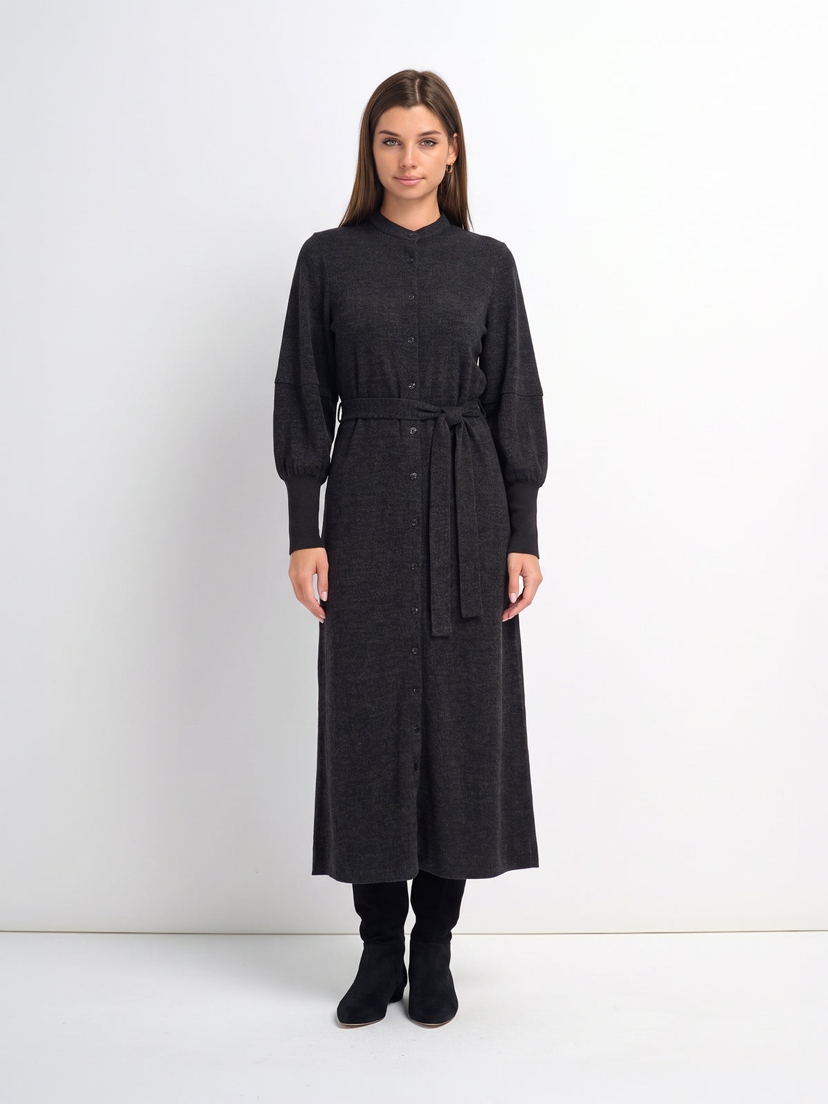 Soft Ribbed Shirtdress - Charcoal Grey