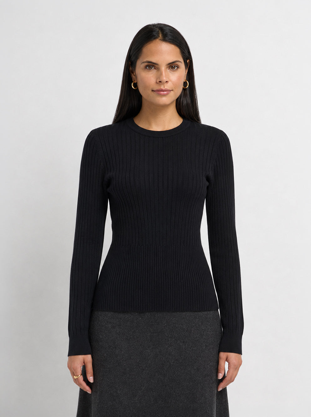 Soft Thin Ribbed Banded Sweater - Black