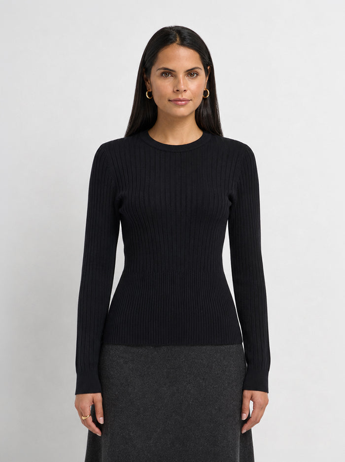 Soft Thin Ribbed Banded Sweater - Black