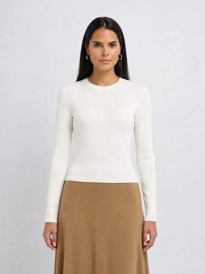 Soft Thin Ribbed Banded Sweater - Cream