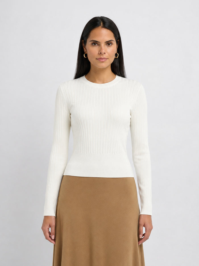 Soft Thin Ribbed Banded Sweater - Cream