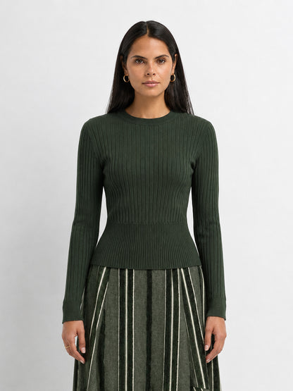 Soft Thin Ribbed Banded Sweater - Green