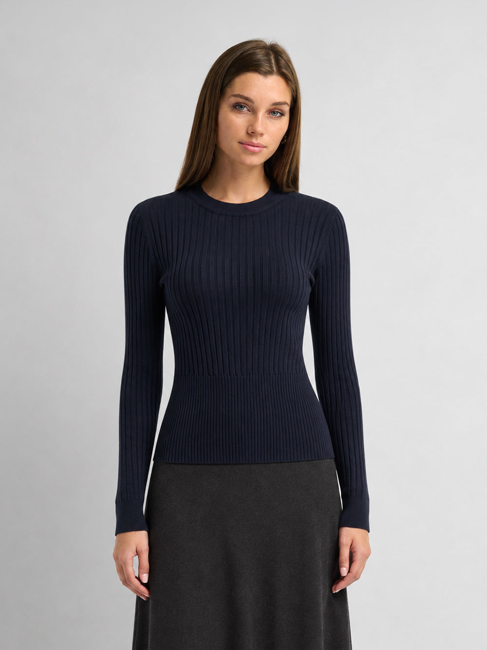 Soft Thin Ribbed Banded Sweater - Navy
