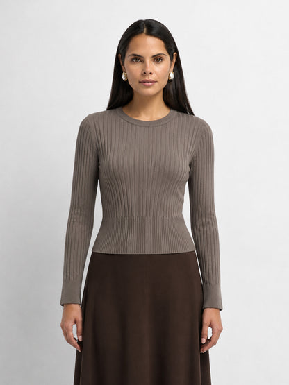 Soft Thin Ribbed Banded Sweater - Warm Taupe