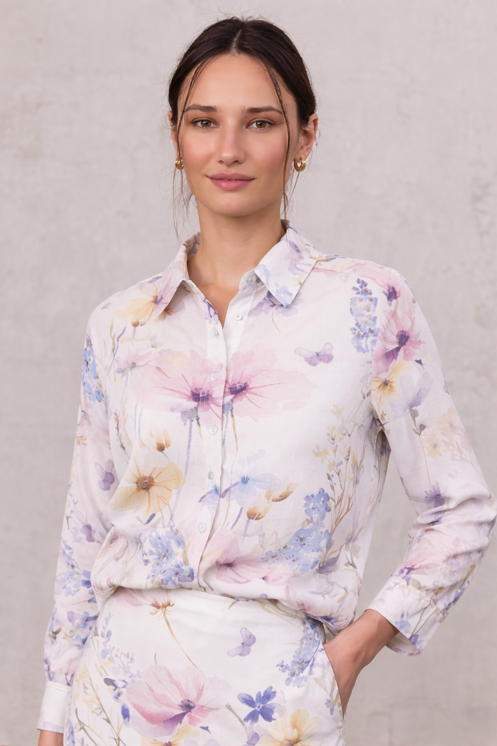 Printed Linen Blend Blouse-Scattered Flowers