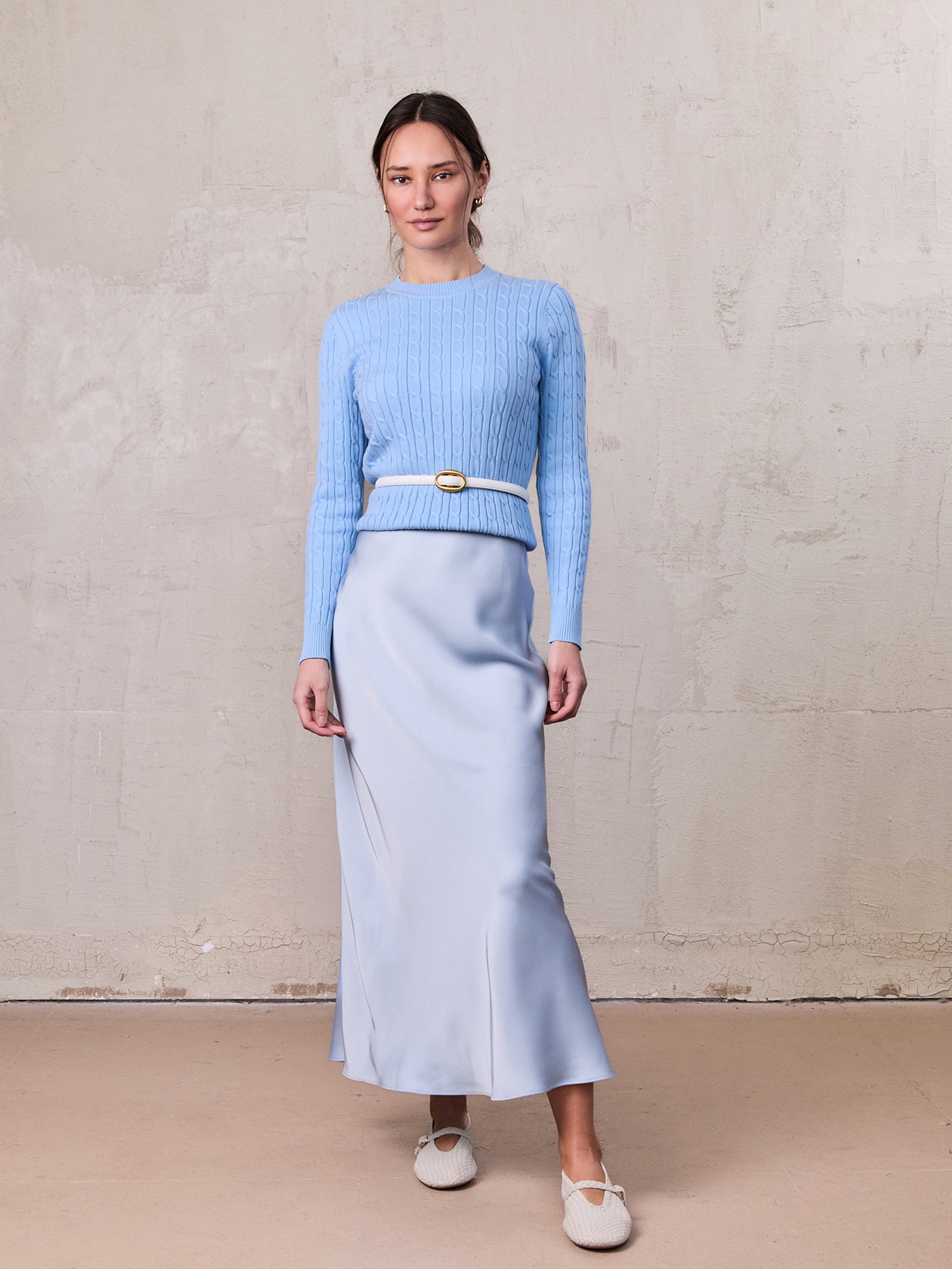 Solid Faux Satin Slip Skirt-Light Blue