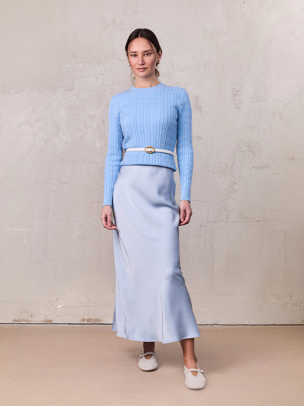 Solid Faux Satin Slip Skirt-Light Blue