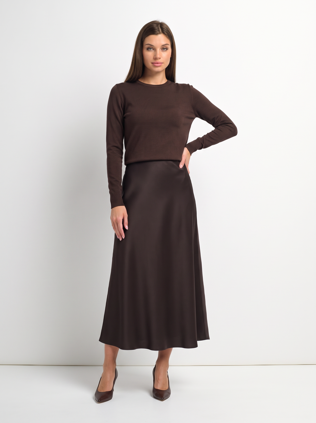 Solid Faux Satin Slip Skirt -  Rich Brown