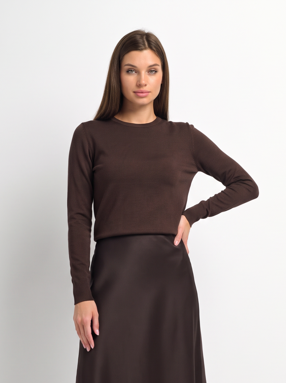 Basic Knit Crew Sweater - Chocolate Brown