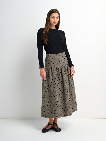Curved Yoke Gathered Skirt - Embroidered Hearts