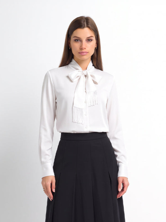 Fringe Bow Blouse-White