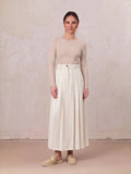 Stitched Pleated Denim Skirt-Cream