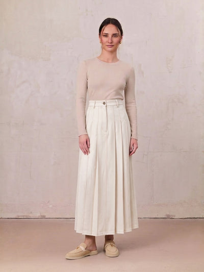 Stitched Pleated Denim Skirt-Cream