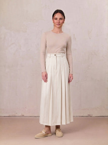 Stitched Pleated Denim Skirt-Cream