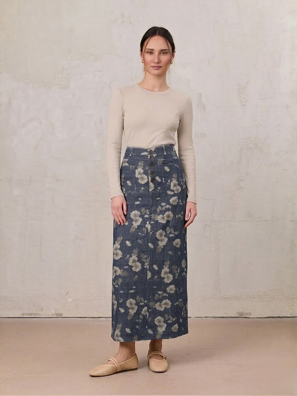 Straight Maxi Denim Skirt-Plaid Tan Floral