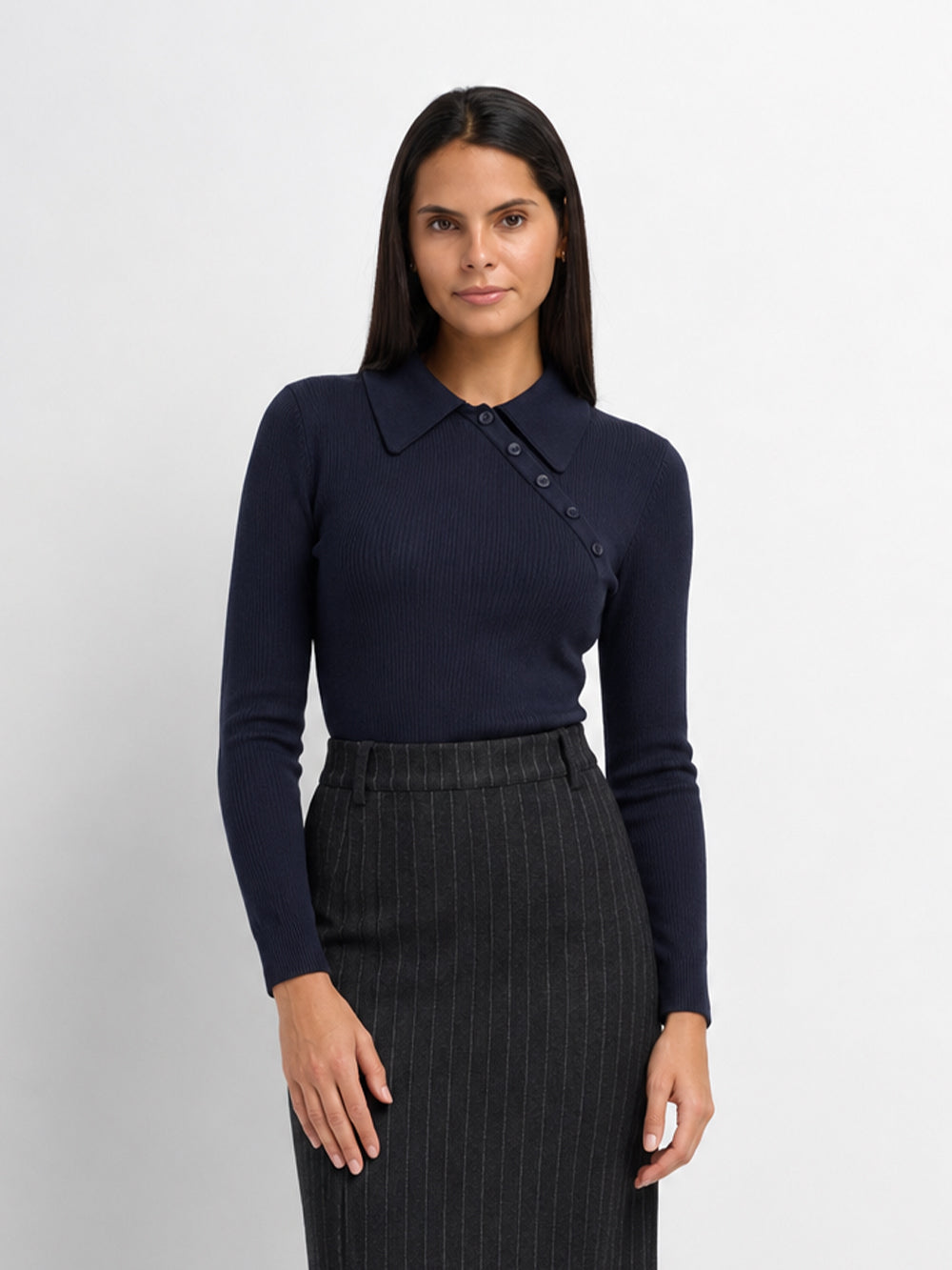 Asymmetrical Button Collar Sweater - Navy