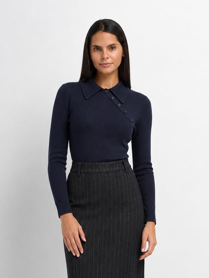 Asymmetrical Button Collar Sweater - Navy