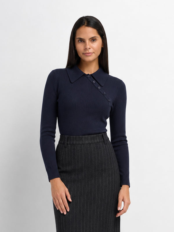 Asymmetrical Button Collar Sweater - Navy