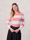 Striped Cable Sweater-Coral/White