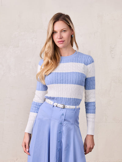 Striped Cable Sweater-Dusty Blue/White