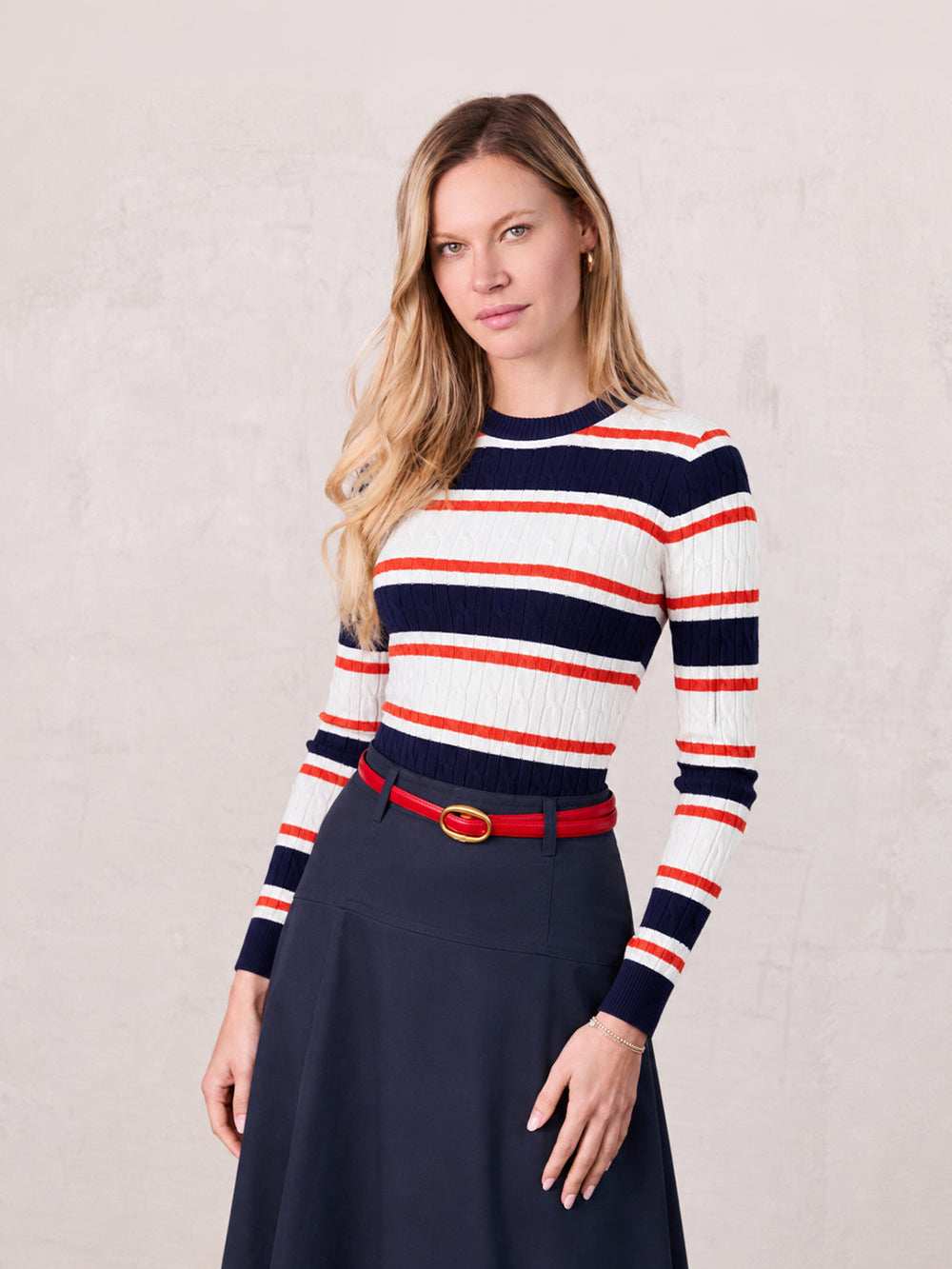 Striped Cable Sweater-Navy/White/Orange