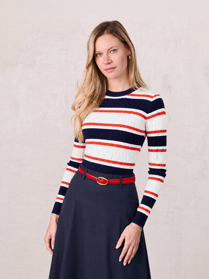 Striped Cable Sweater-Navy/White/Orange
