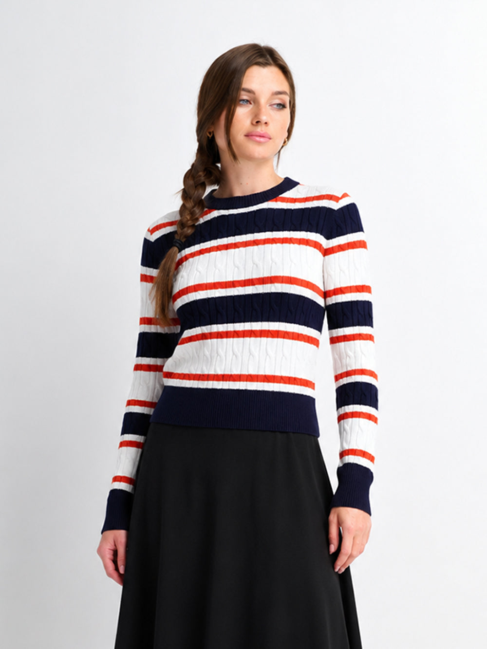 Striped Cable Sweater-Navy/White/Orange