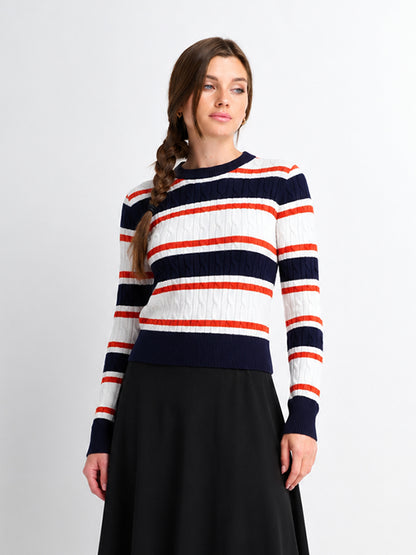 Striped Cable Sweater-Navy/White/Orange