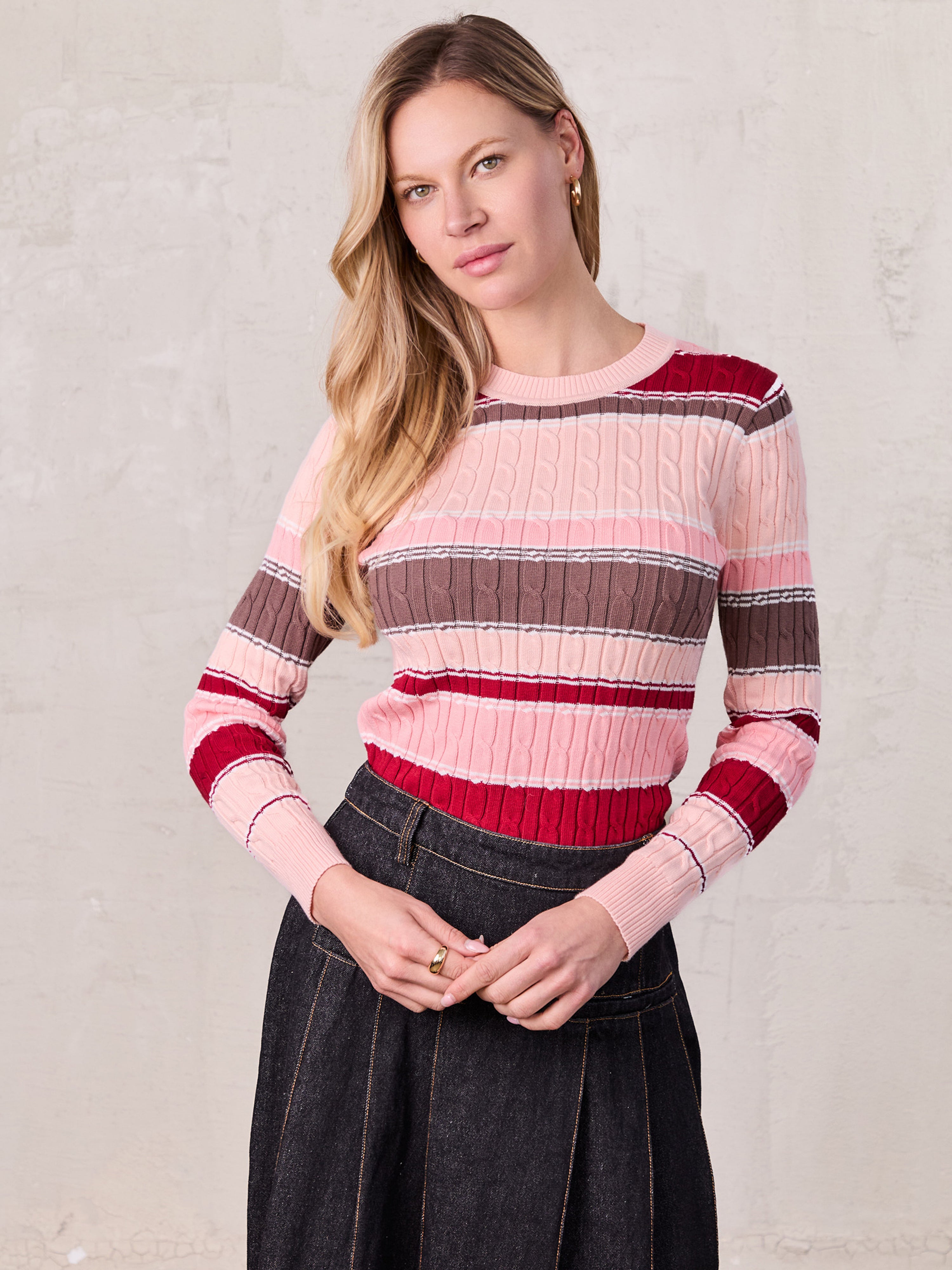 Striped Cable Sweater-Pink Stripe
