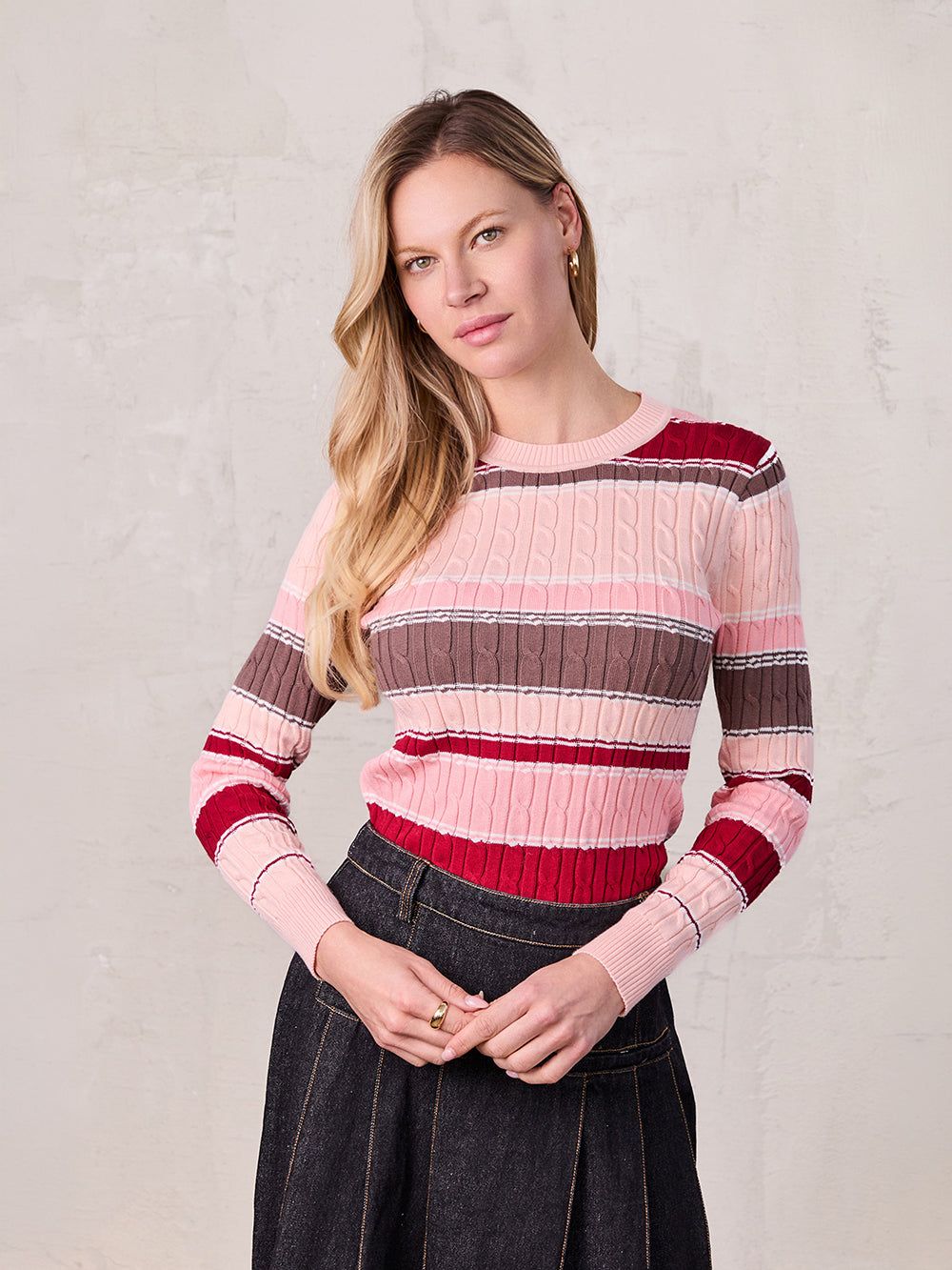 Striped Cable Sweater-Pink Stripe