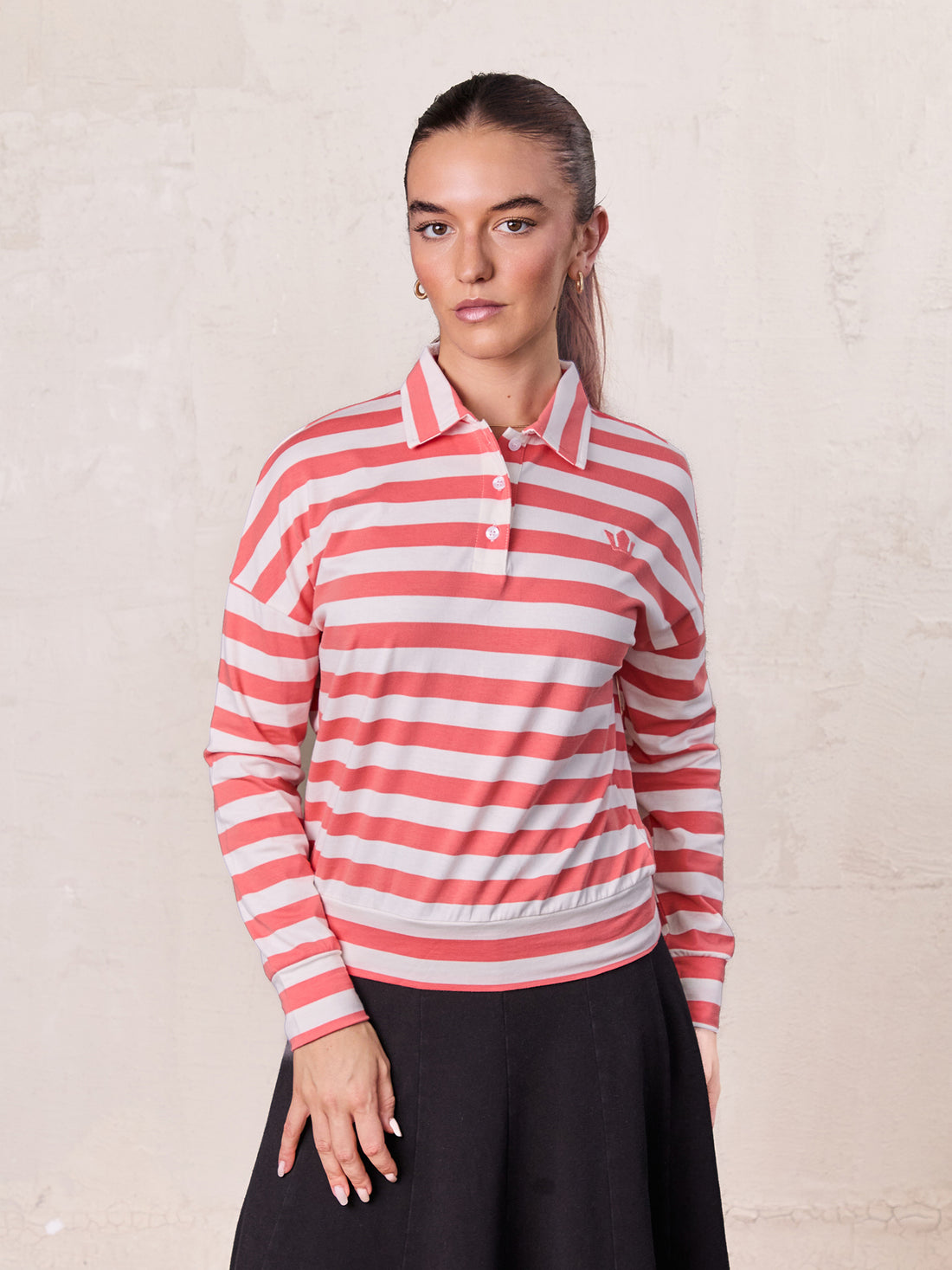 Striped Collar Bomber Tee-Coral/White