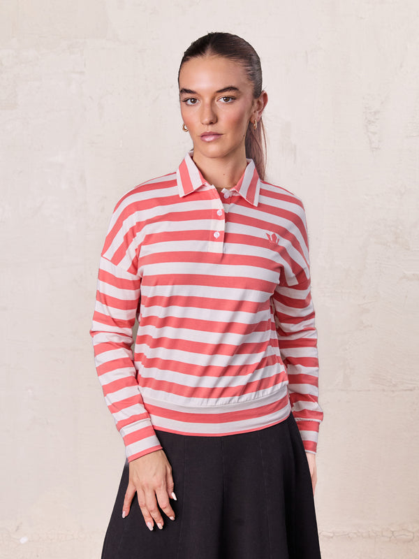 Striped Collar Bomber Tee-Coral/White