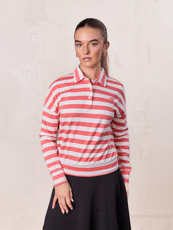Striped Collar Bomber Tee-Coral/White