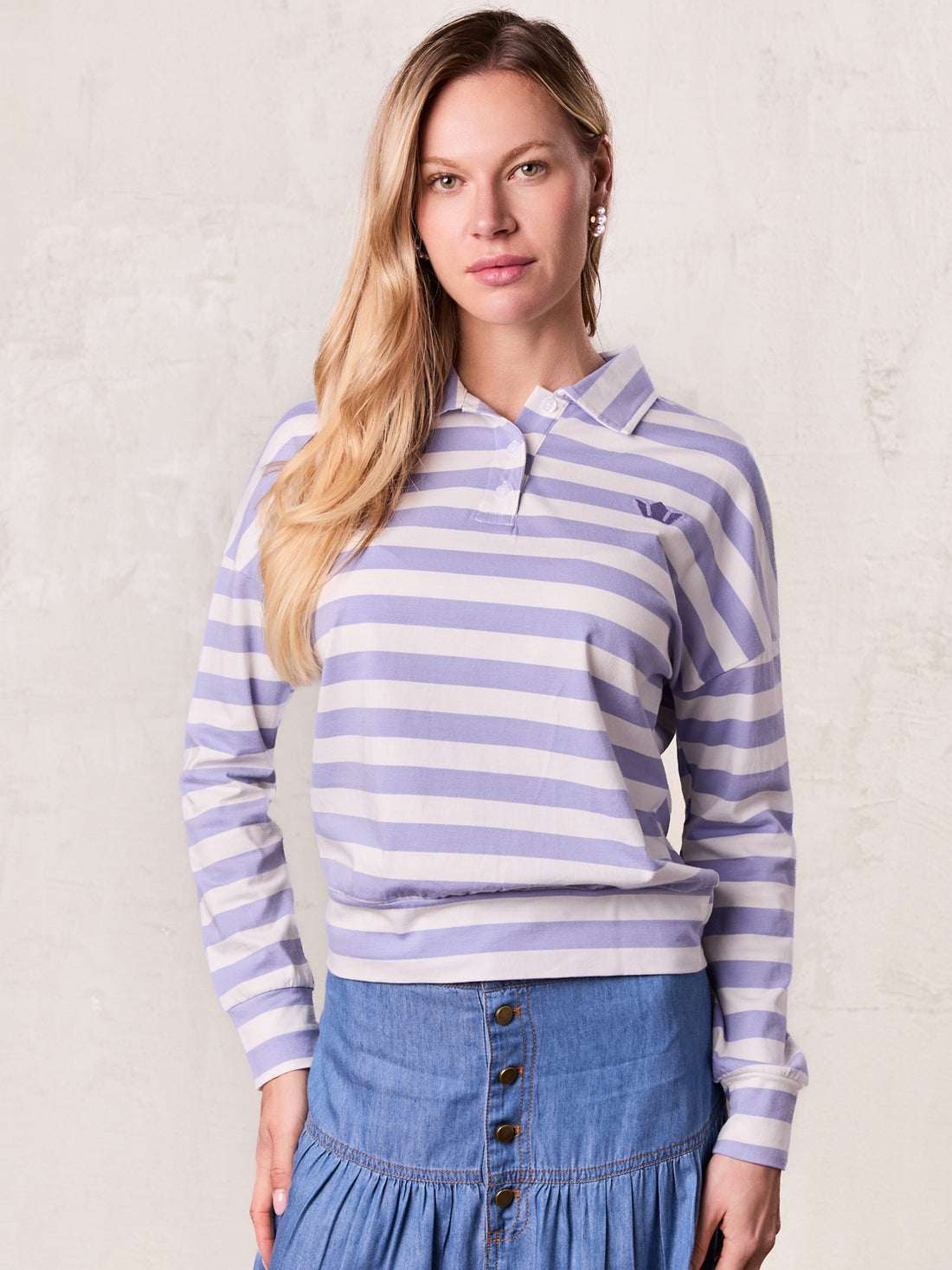 Striped Collar Bomber Tee-Lavender/White