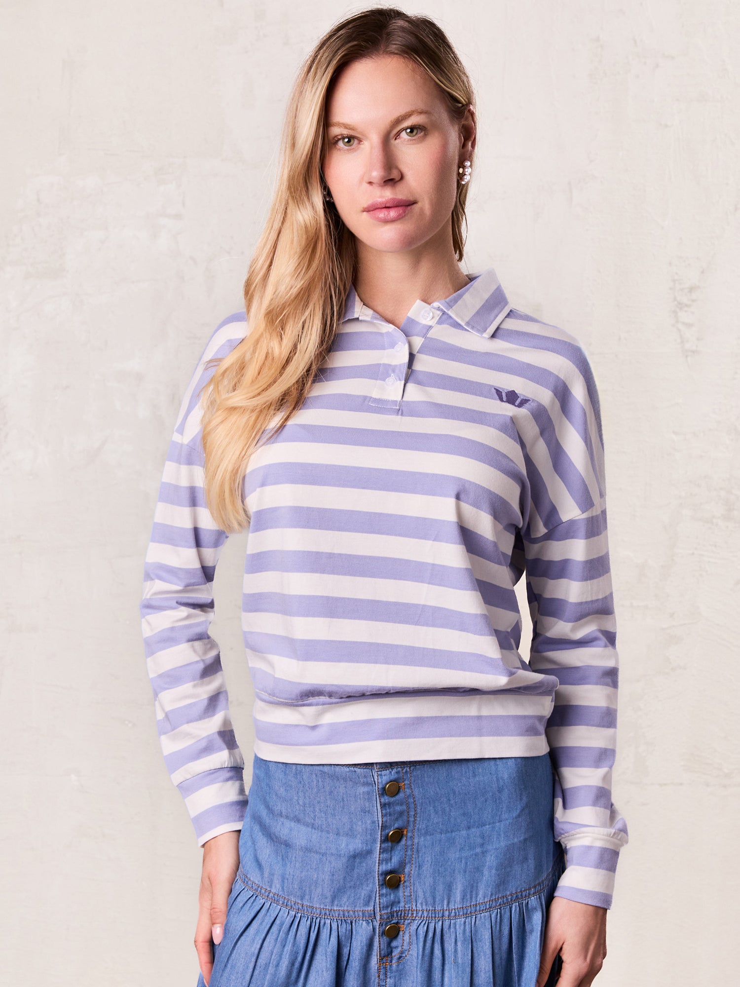 Striped Collar Bomber Tee-Lavender/White
