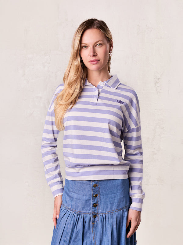 Striped Collar Bomber Tee-Lavender/White