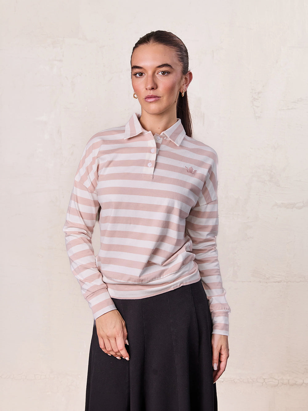 Striped Collar Bomber Tee-Tan/White