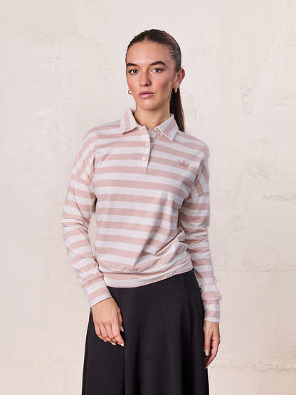 Striped Collar Bomber Tee-Tan/White