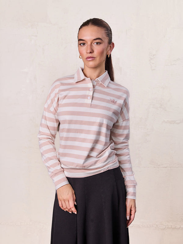 Striped Collar Bomber Tee-Tan/White