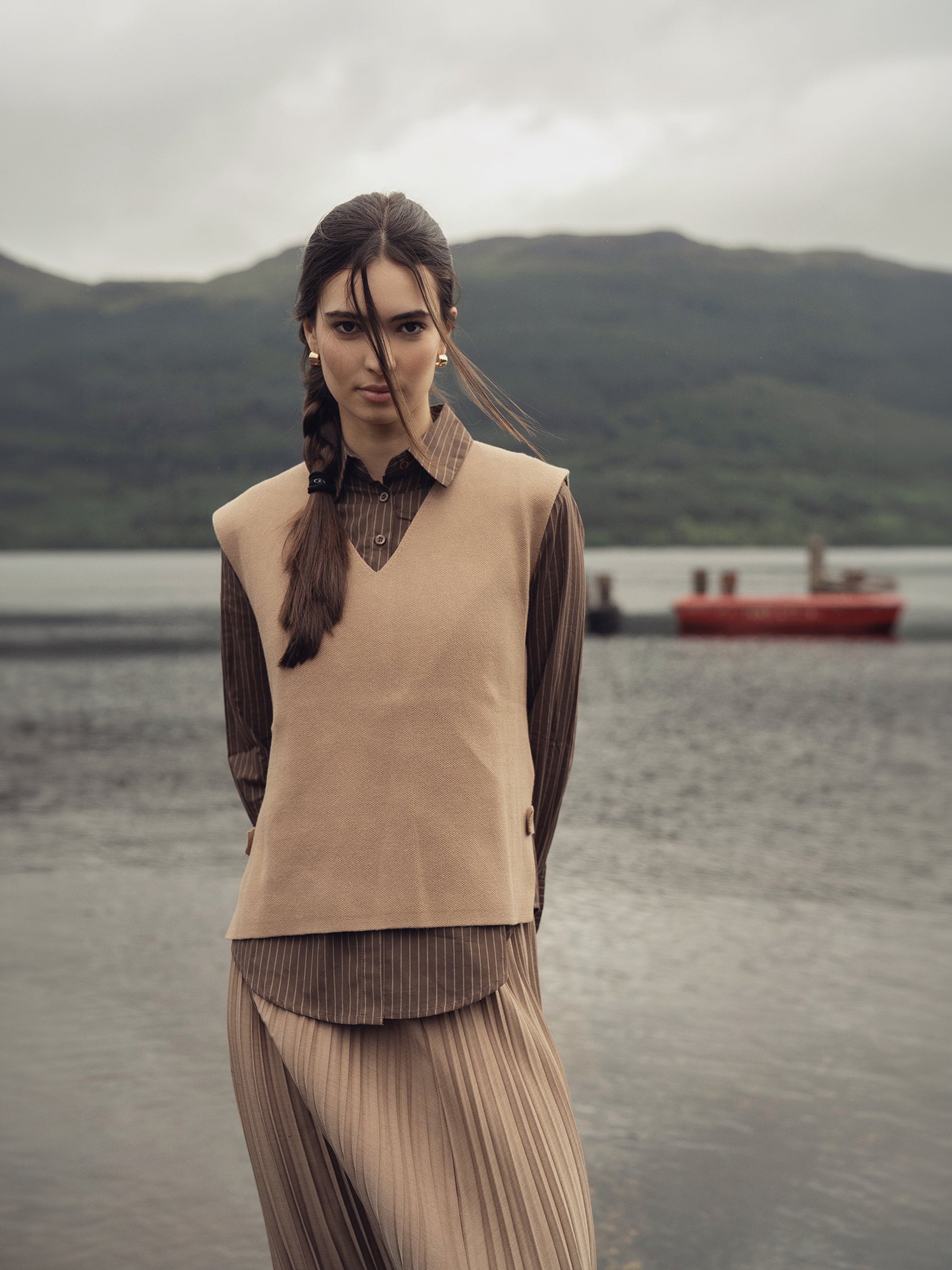 Striped Cotton Blouse-Brown Thin Stripe