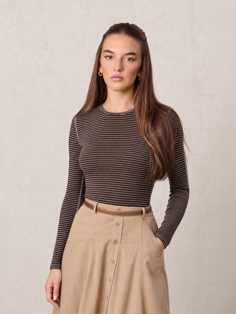 Striped Cross Stitch T-Shirt-Brown