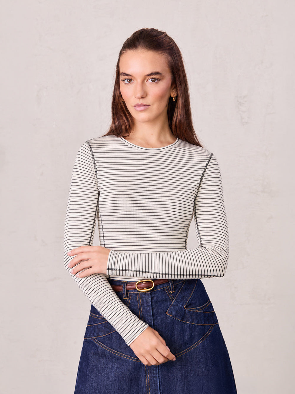 Striped Cross Stitch T-Shirt-White