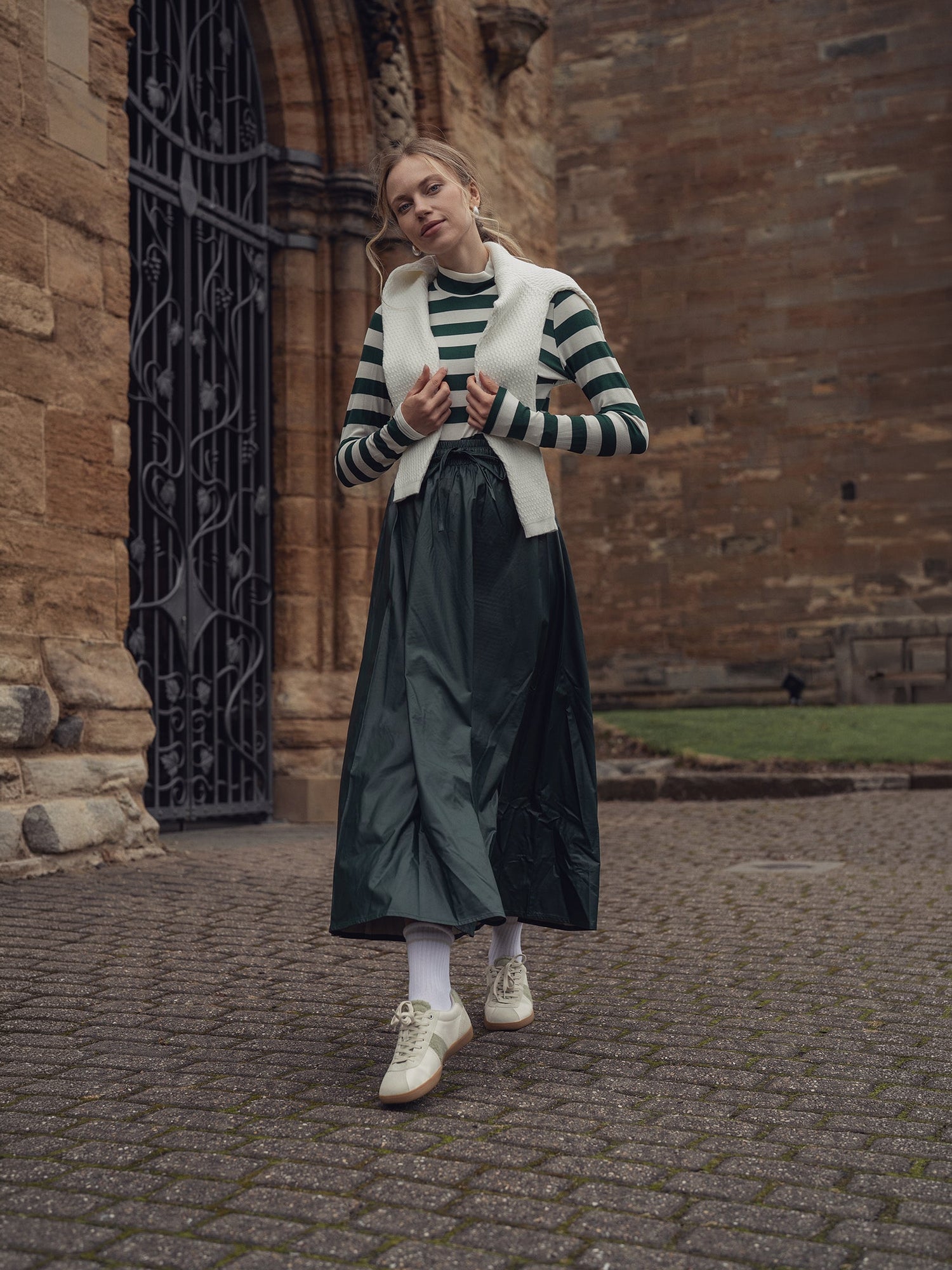 Striped Ribbed Turtleneck-Emerald/Cream