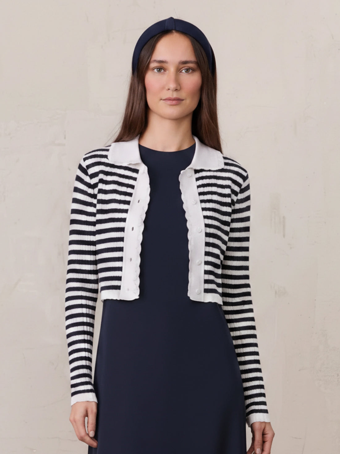 Striped Scalloped Edge Cardigan-Navy/White