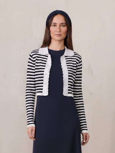 Striped Scalloped Edge Cardigan-Navy/White